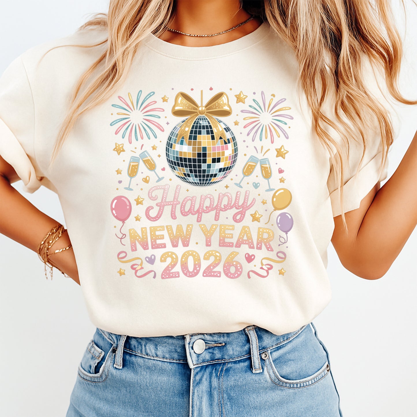 New Year DTF Transfer – Disco Ball Fireworks Champagne Celebration Ready to Press Iron on Heat Transfer DIY New Year Shirts 12393