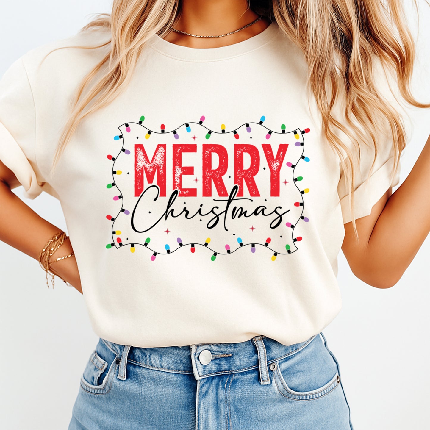 Christmas DTF Transfer – Retro Merry Christmas Lights Border Ready to Press Iron on Heat Transfer DIY Christmas Shirts 12395