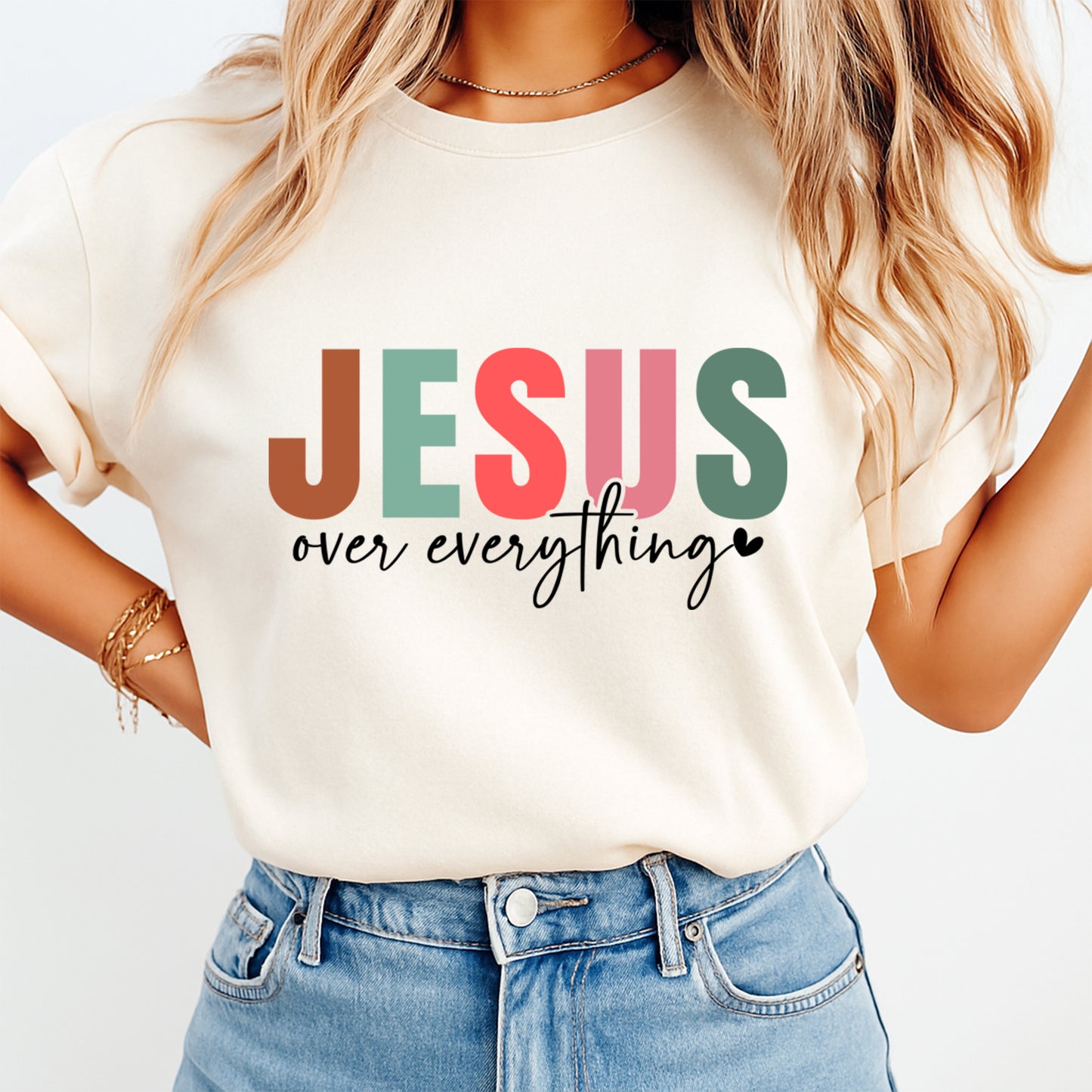 Christian Jesus Over Everything Pastel Block Lettering DTF Transfer – Ready to Press Iron On Heat Transfer DIY Shirts 12396