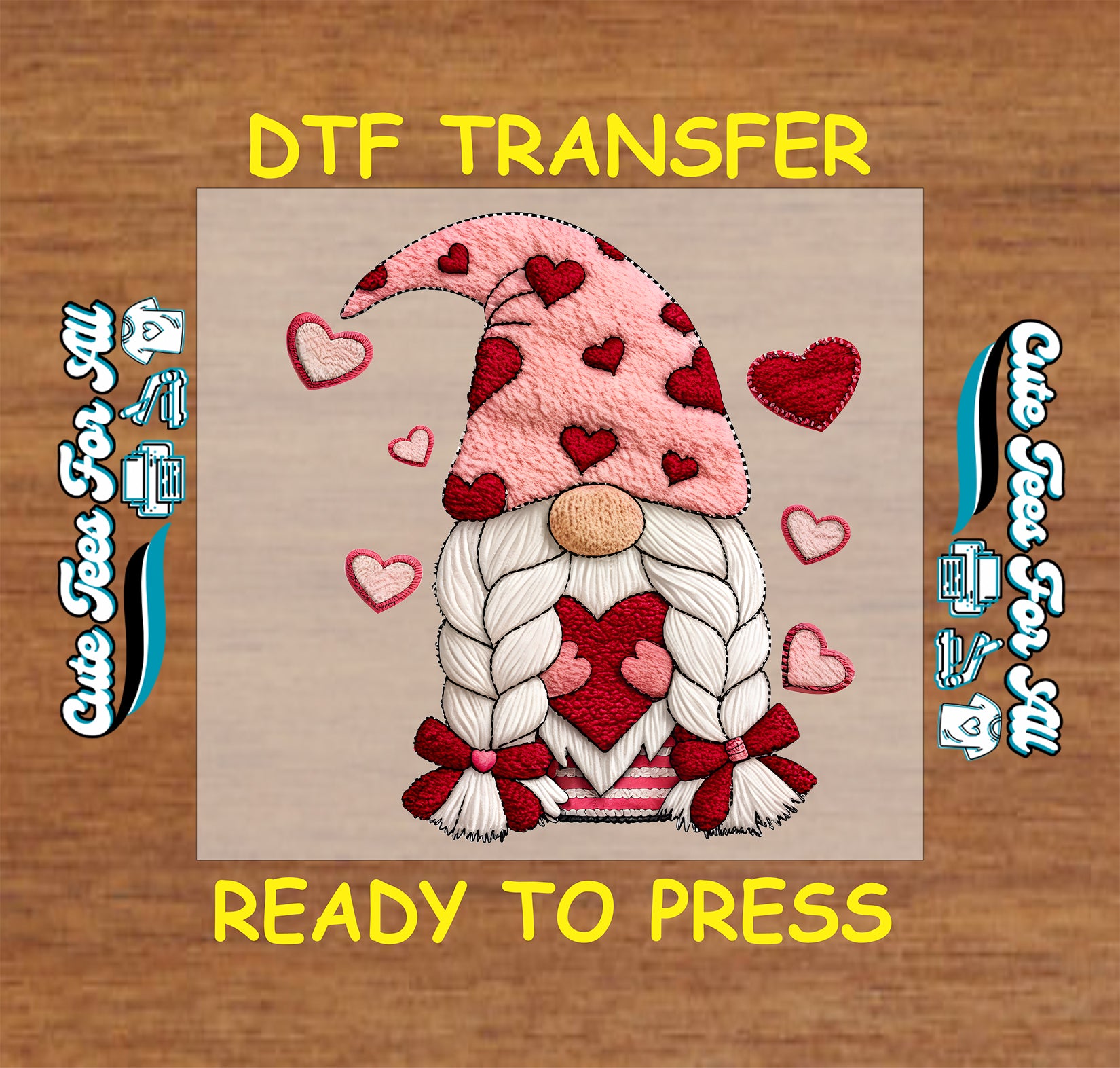 valentine gnome dtf transfer with hearts embroidery look ready to press iron on