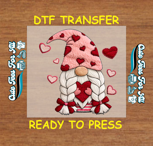 valentine gnome dtf transfer with hearts embroidery look ready to press iron on