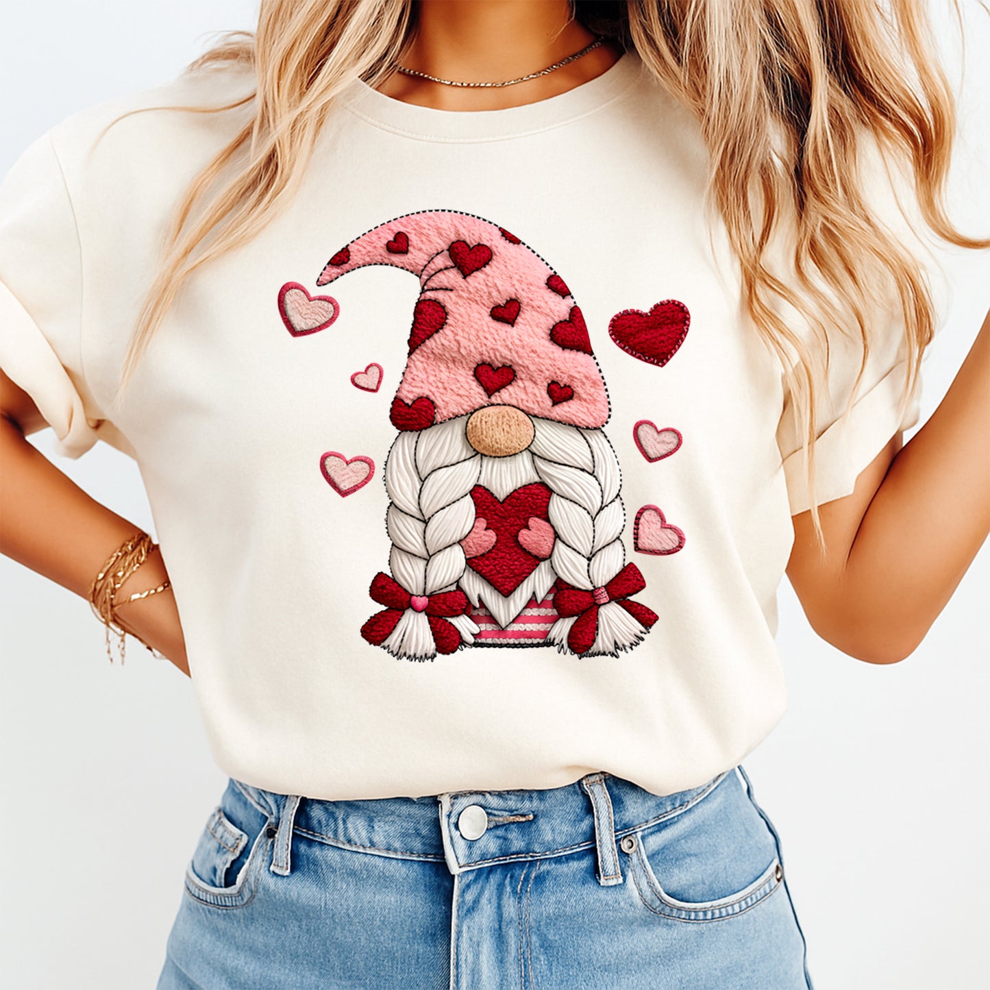 Valentine DTF Transfer – Heart Gnome Braids Embroidery Look Ready to Press Iron on Heat Transfer DIY Shirts 12403