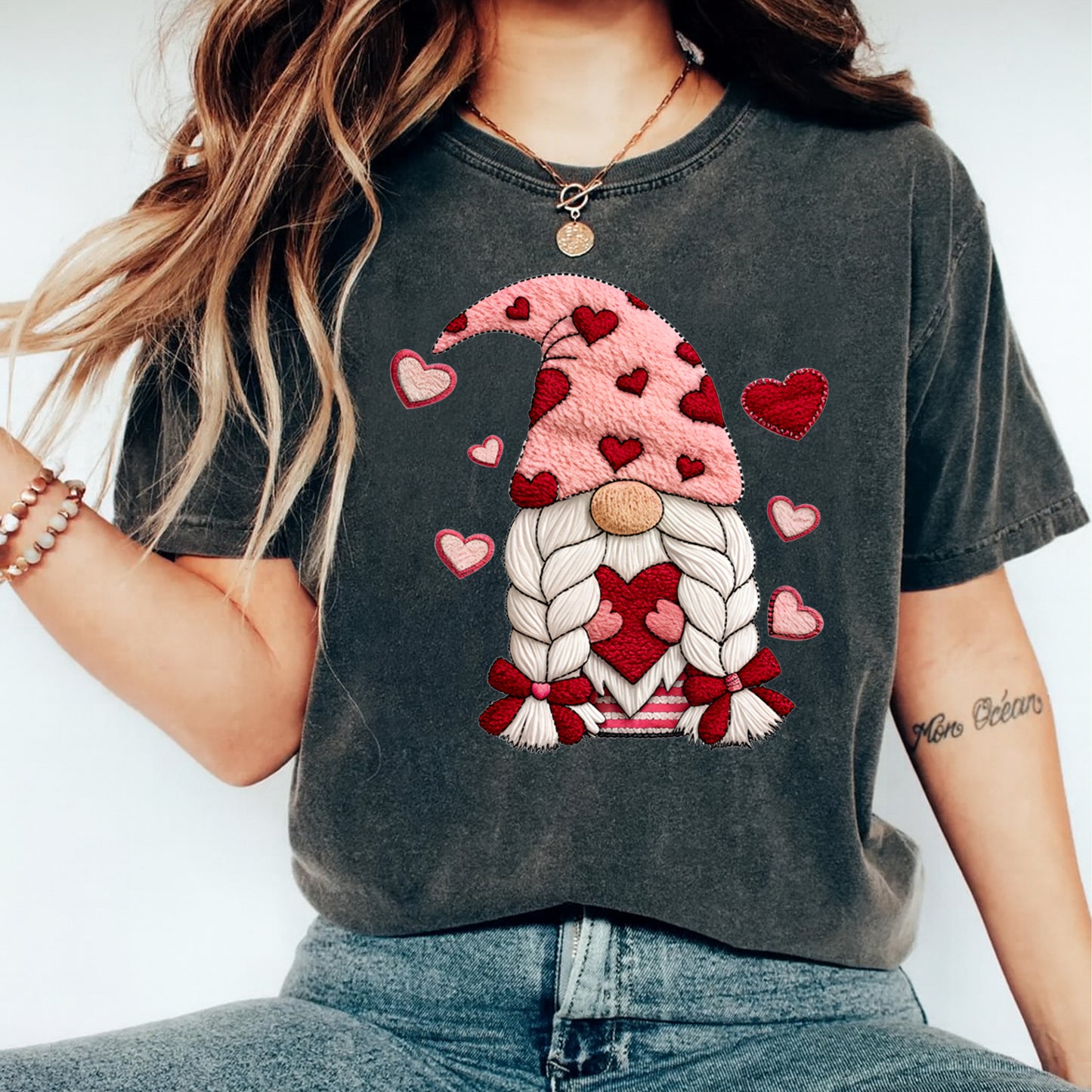 Valentine DTF Transfer – Heart Gnome Braids Embroidery Look Ready to Press Iron on Heat Transfer DIY Shirts 12403