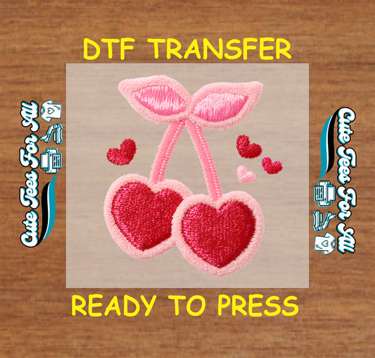 valentine heart cherries embroidery look dtf transfer ready to press iron on