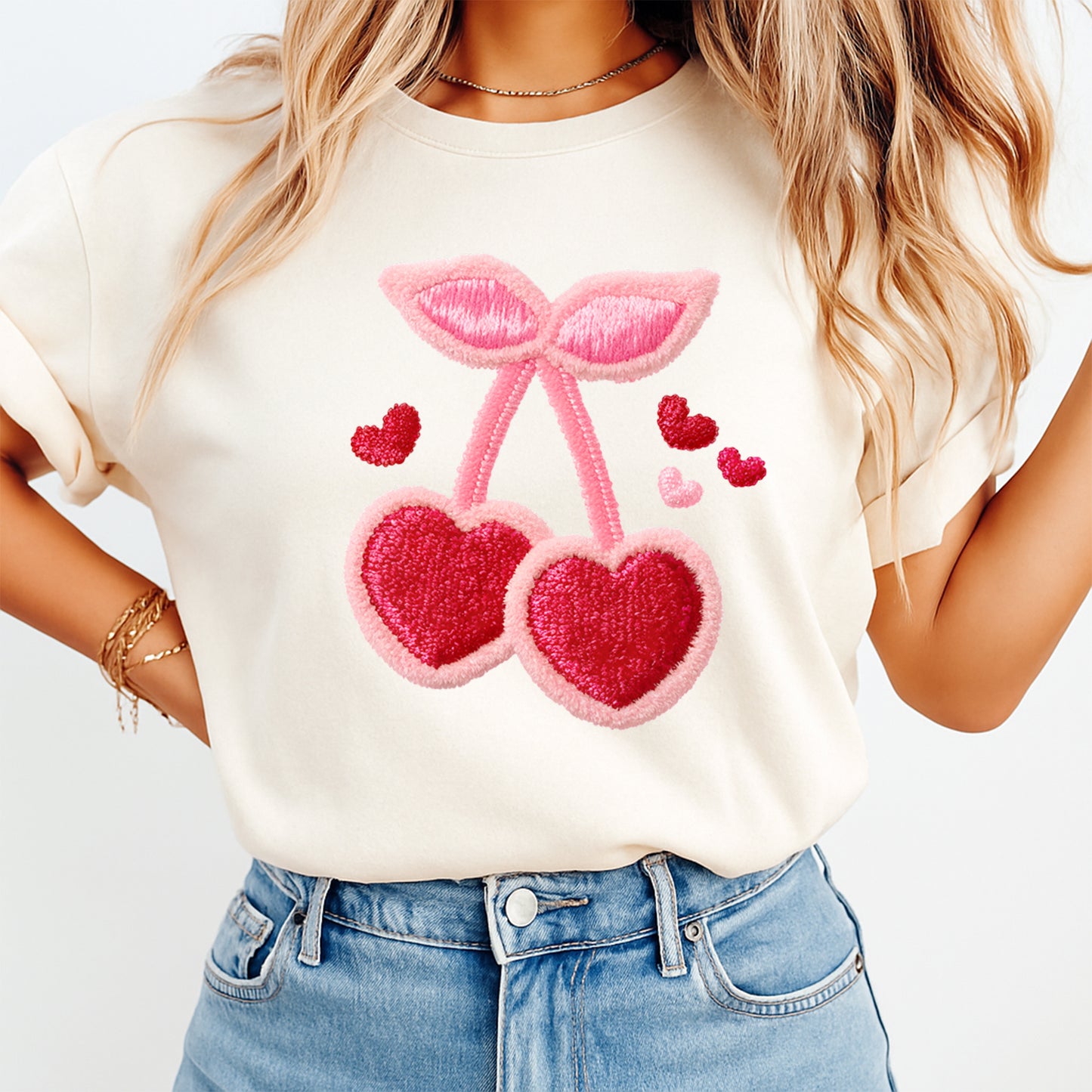 Valentine DTF Transfer – Embroidery Heart Cherries Stitch Look Ready to Press Iron on Heat Transfer DIY Shirts 12404