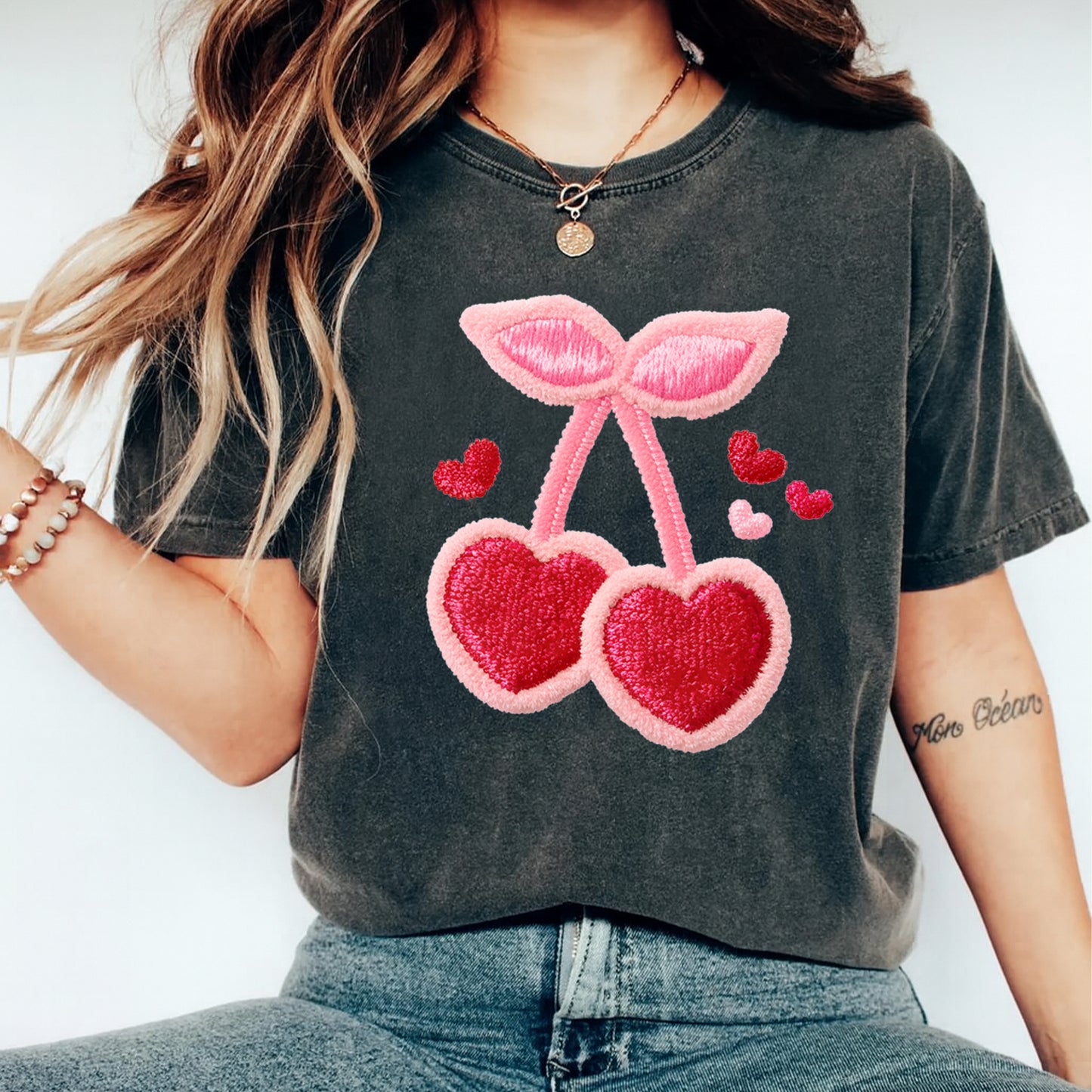 Valentine DTF Transfer – Embroidery Heart Cherries Stitch Look Ready to Press Iron on Heat Transfer DIY Shirts 12404