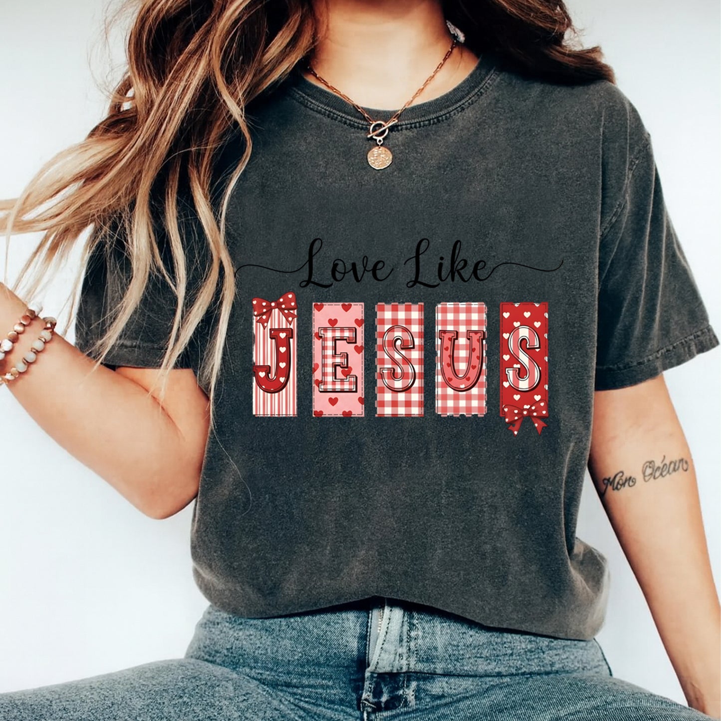 Valentine DTF Transfer – Love Like Jesus Patchwork Heart Aesthetic Ready to Press Iron on Heat Transfer DIY Shirts 12408