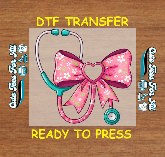 nurse stethoscope floral heart bow ready to press dtf iron on transfer