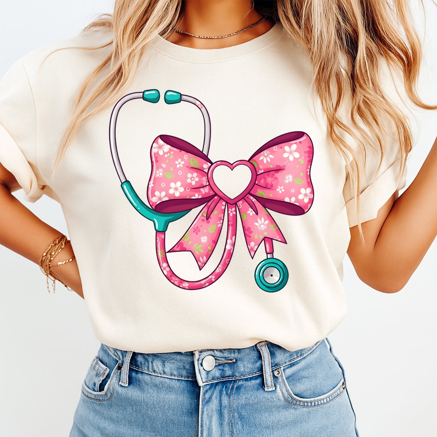Nurse DTF Transfer – Stethoscope Floral Heart Bow Aesthetic Ready to Press Iron on Heat Transfer DIY Shirts 12409