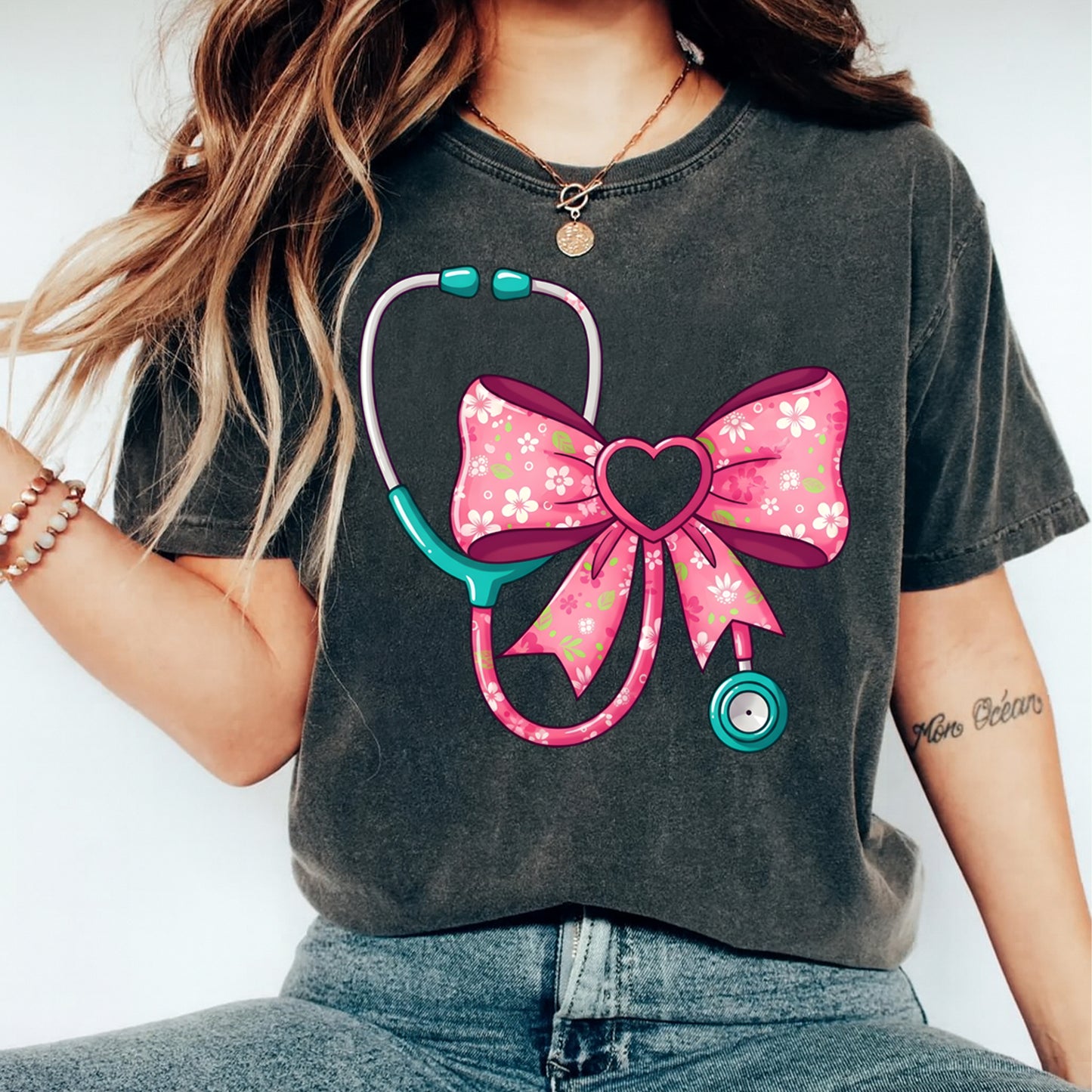 Nurse DTF Transfer – Stethoscope Floral Heart Bow Aesthetic Ready to Press Iron on Heat Transfer DIY Shirts 12409
