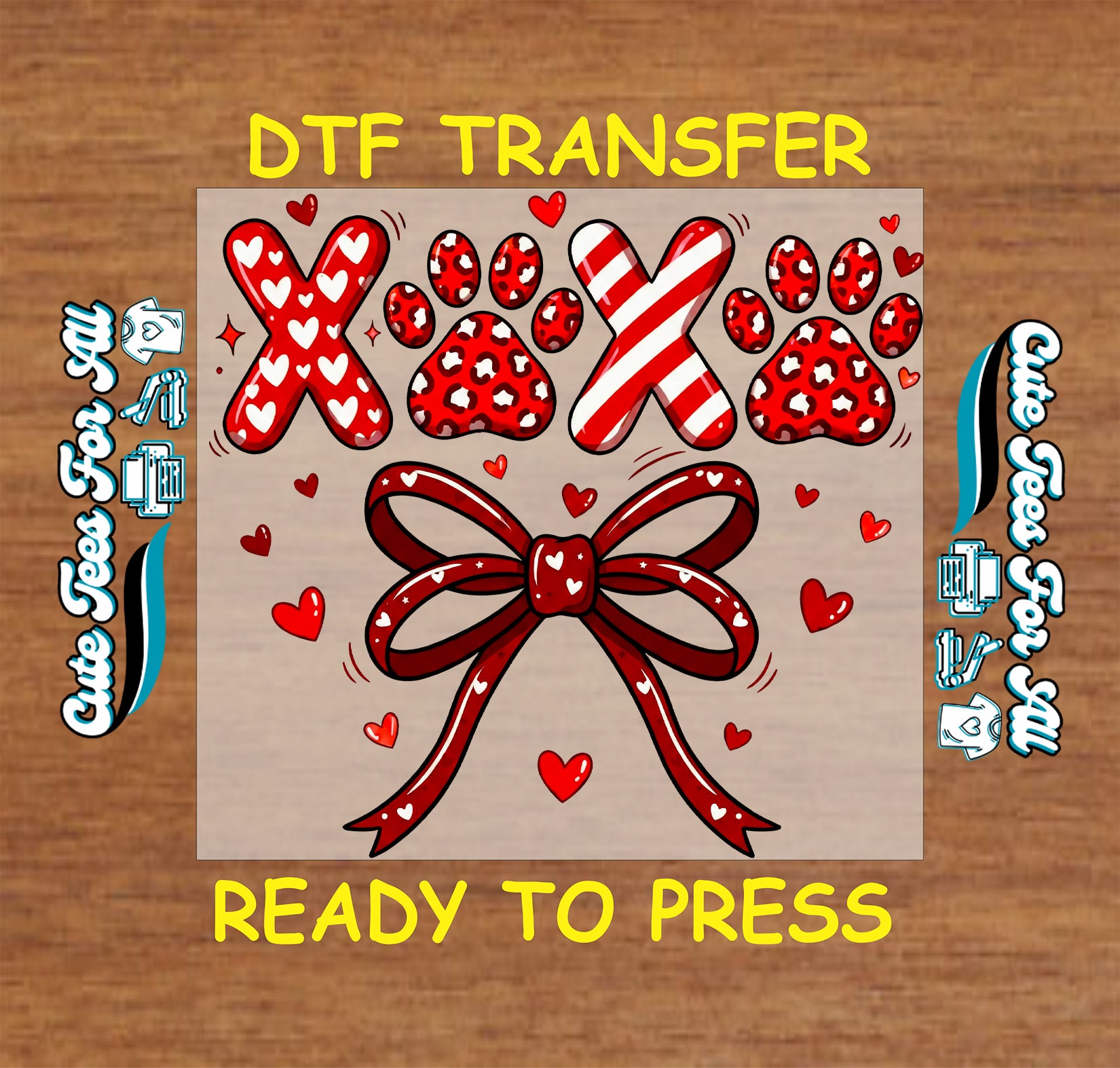 xoxo paw print hearts red bow valentine ready to press dtf iron on heat transfer