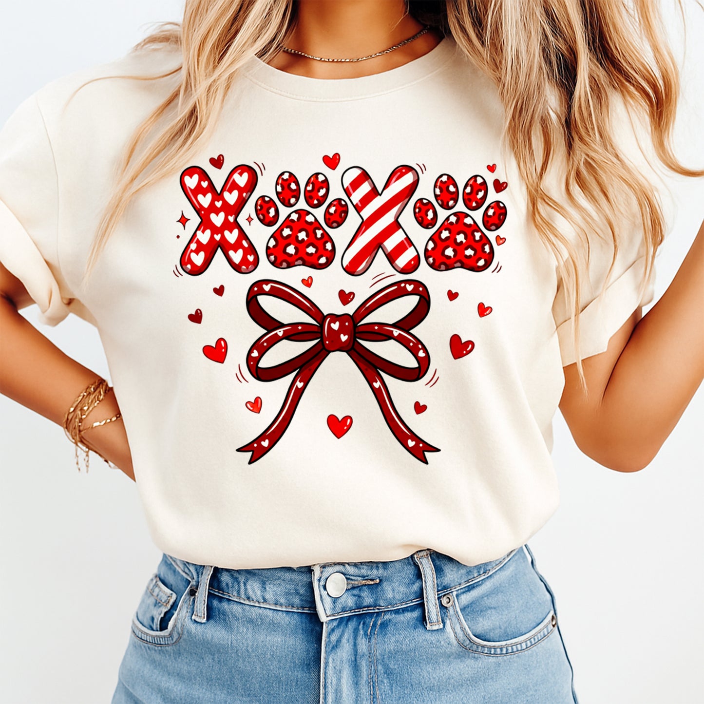 Valentine DTF Transfer – XOXO Paw Print Hearts Red Bow Ready to Press Iron on Heat Transfer DIY Shirts 12411