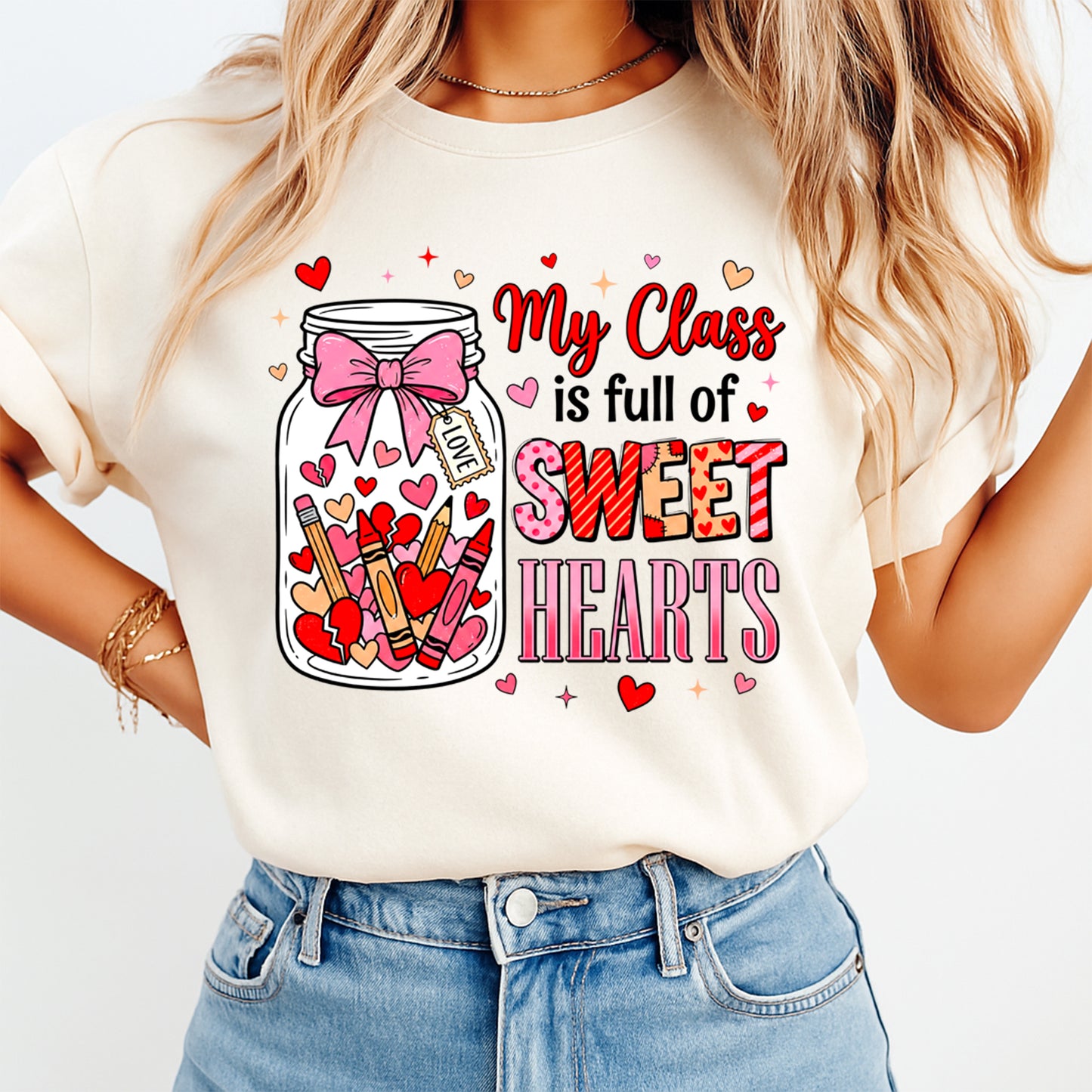 Valentine DTF Transfer – Teacher Sweethearts Jar Bow Ready to Press Iron on Heat Transfer DIY Valentine Shirts 12413