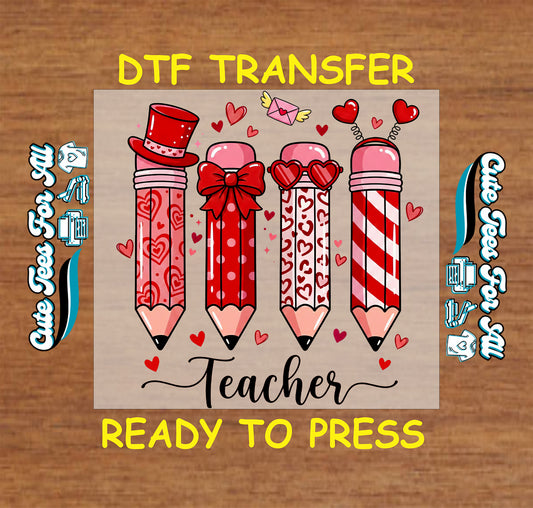 teacher valentine pencils hearts bow ready to press dtf iron on heat transfer