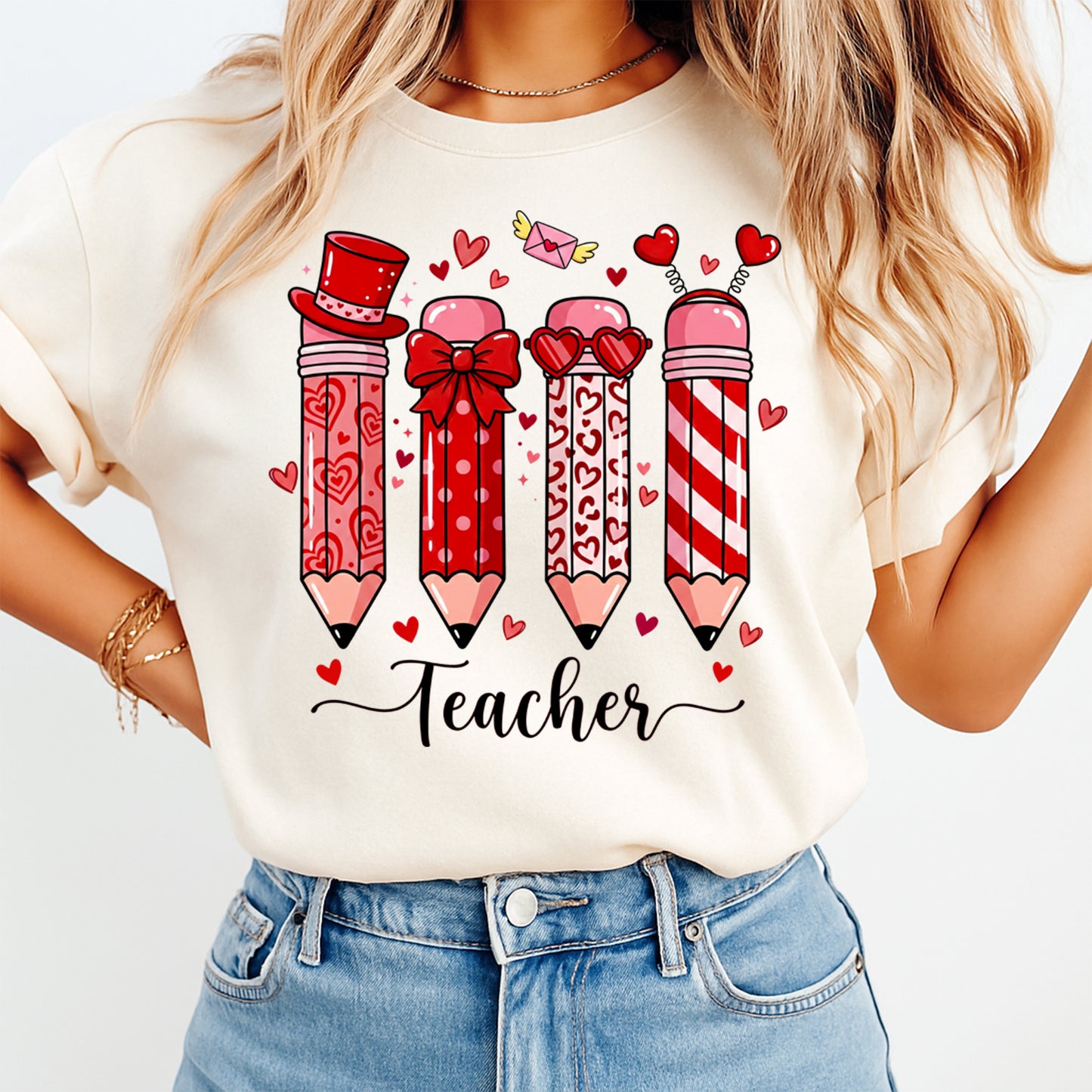 Valentine DTF Transfer – Teacher Hearts Pencils Bow Ready to Press Iron on Heat Transfer DIY Valentine Shirts 12414