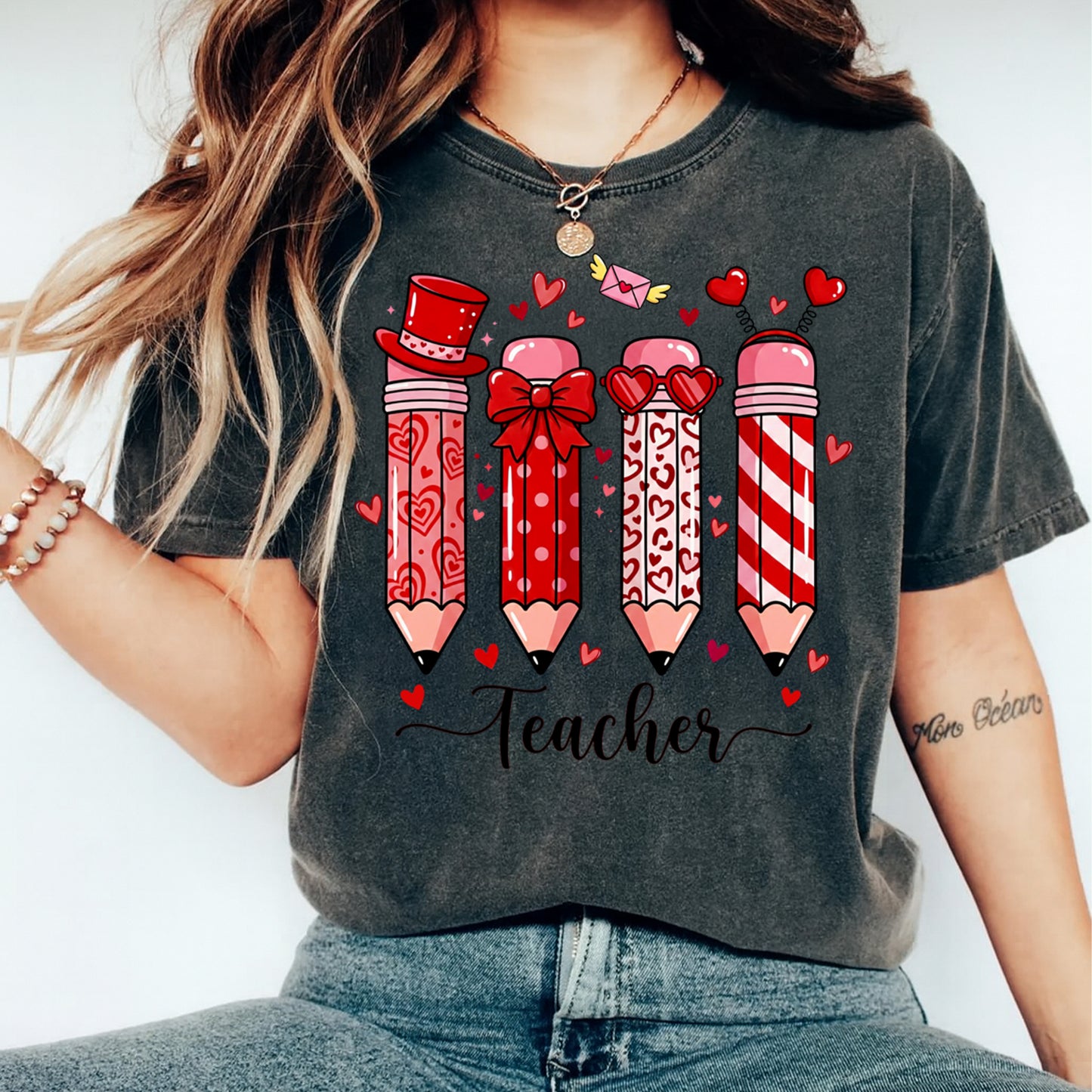 Valentine DTF Transfer – Teacher Hearts Pencils Bow Ready to Press Iron on Heat Transfer DIY Valentine Shirts 12414