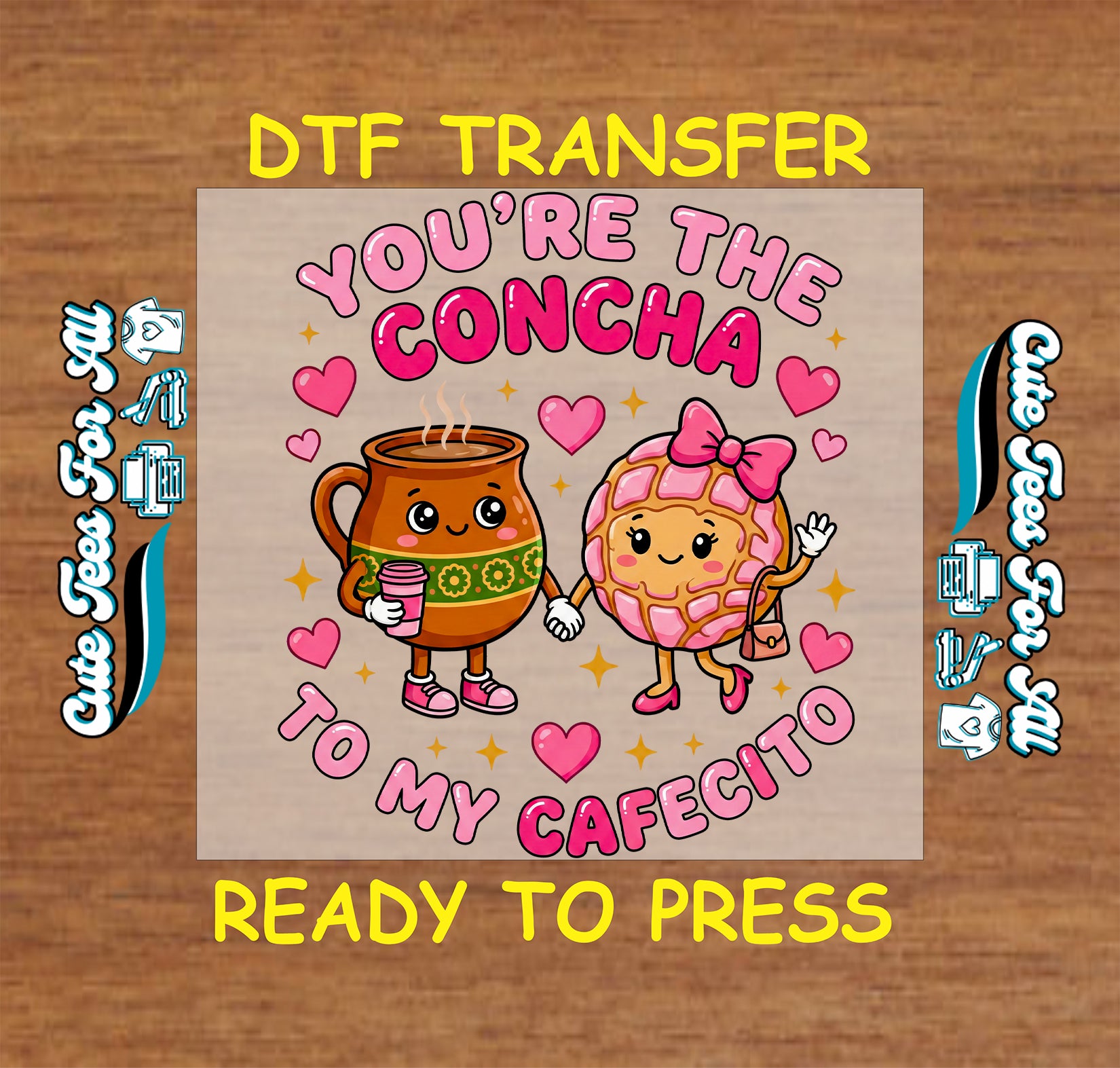 concha cafecito hearts bow valentine ready to press dtf iron on heat transfer