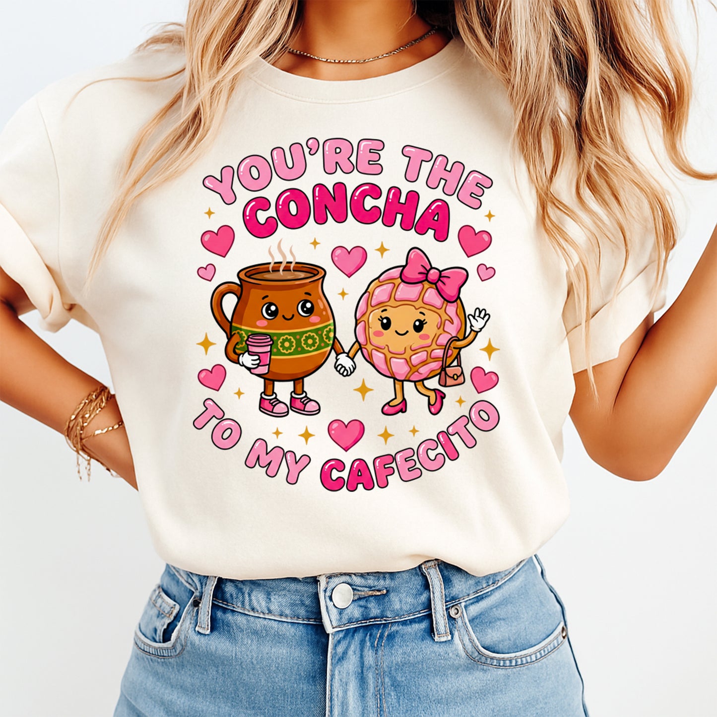 Valentine DTF Transfer – Concha Cafecito Hearts Bow Ready to Press Iron on Heat Transfer DIY Valentine Shirts 12415