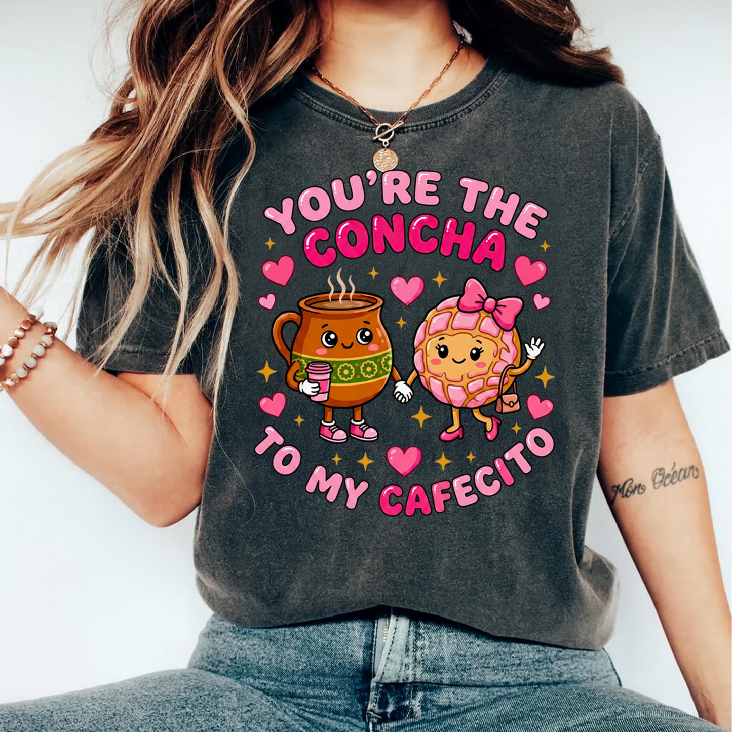 Valentine DTF Transfer – Concha Cafecito Hearts Bow Ready to Press Iron on Heat Transfer DIY Valentine Shirts 12415