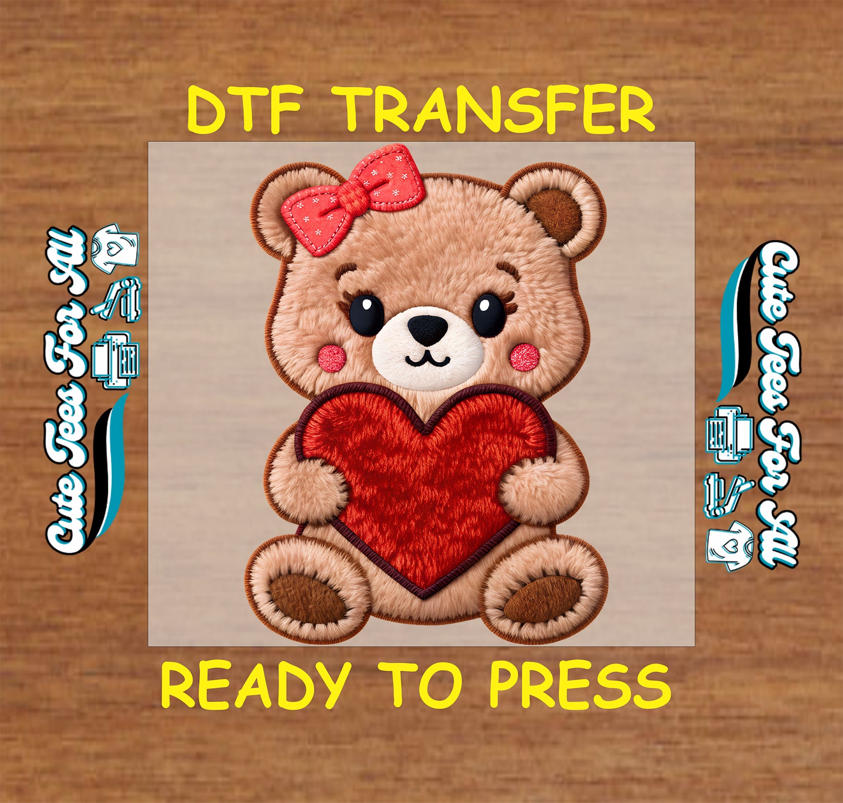 teddy bear red heart bow valentine ready to press dtf iron on heat transfer