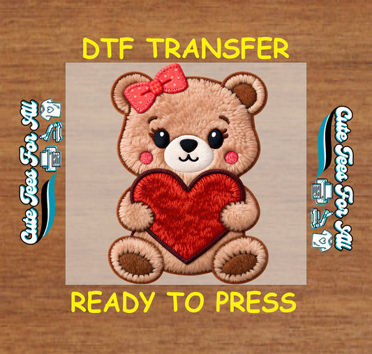 teddy bear red heart bow valentine ready to press dtf iron on heat transfer