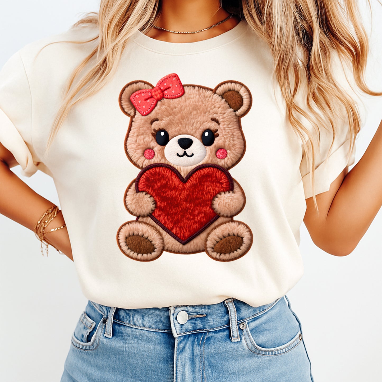 Valentine DTF Transfer – Teddy Bear Heart Bow Graphic Ready to Press Iron on Heat Transfer DIY Valentine Shirts 12416