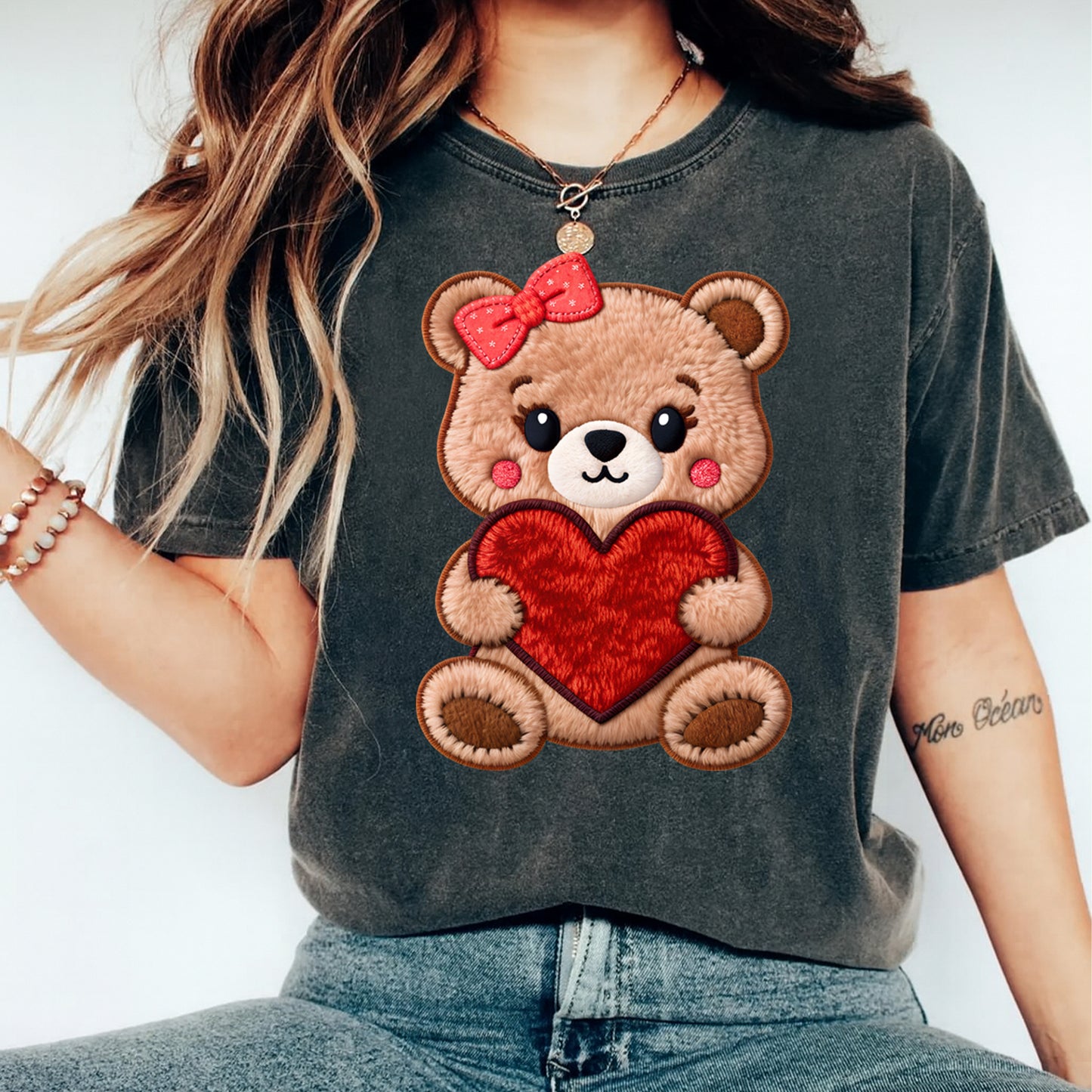 Valentine DTF Transfer – Teddy Bear Heart Bow Graphic Ready to Press Iron on Heat Transfer DIY Valentine Shirts 12416