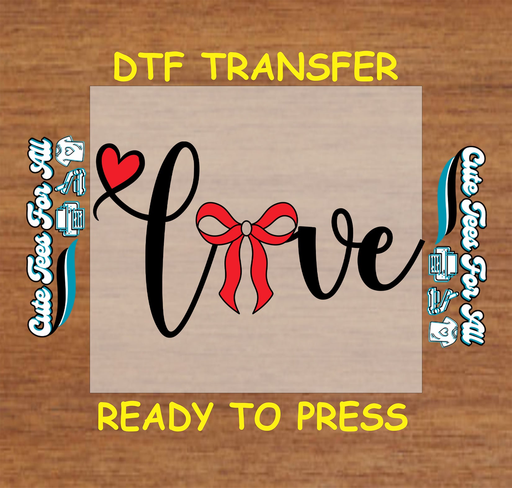 love script heart bow valentine ready to press dtf iron on heat transfer