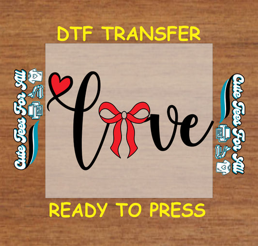 love script heart bow valentine ready to press dtf iron on heat transfer