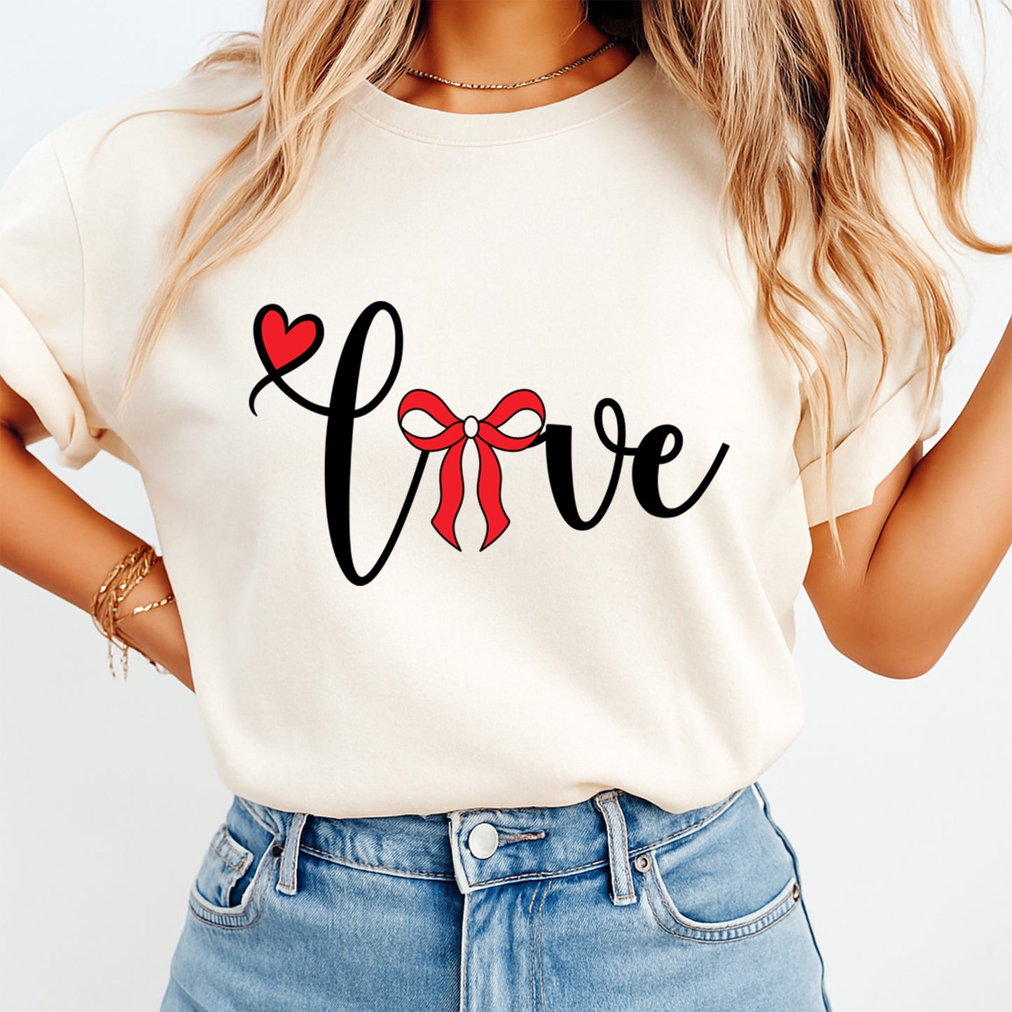 Valentine DTF Transfer – Love Script Heart Bow Graphic Ready to Press Iron on Heat Transfer DIY Valentine Shirts 12417