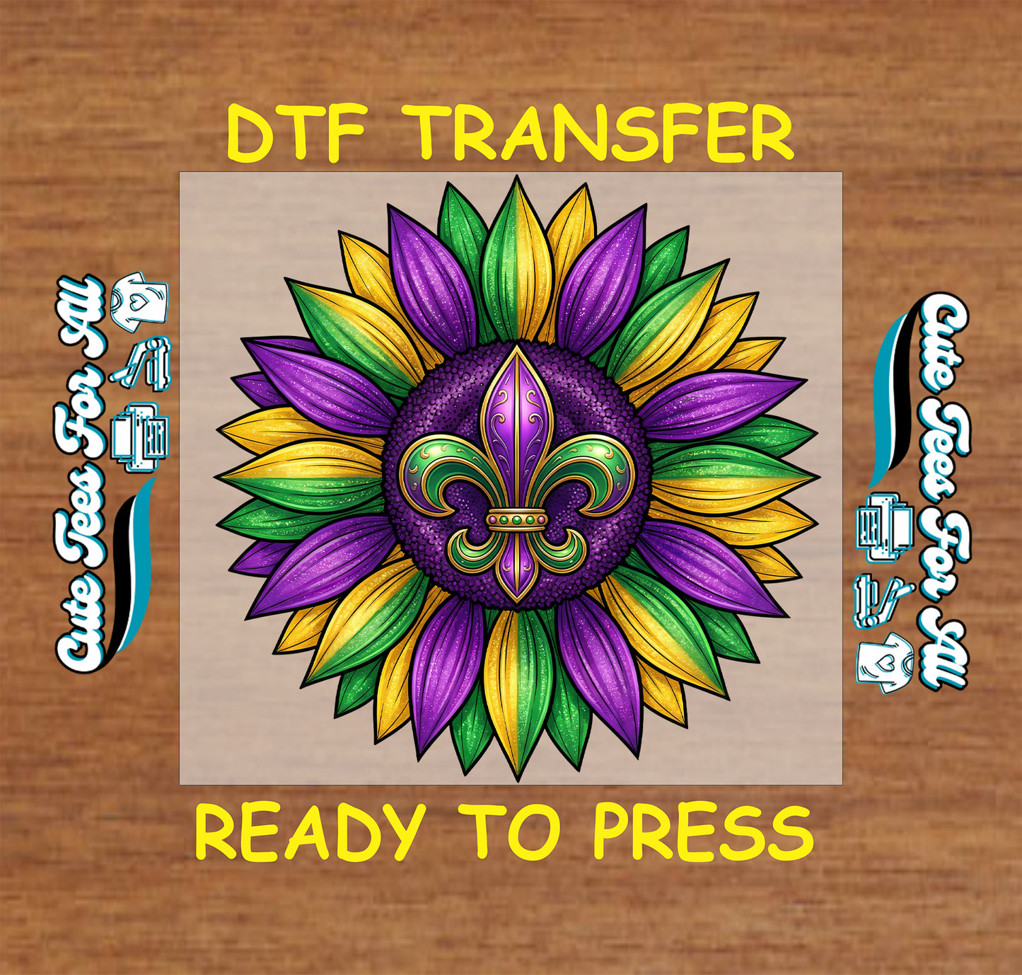 mardi gras sunflower fleur de lis purple gold green ready to press dtf iron on heat transfer
