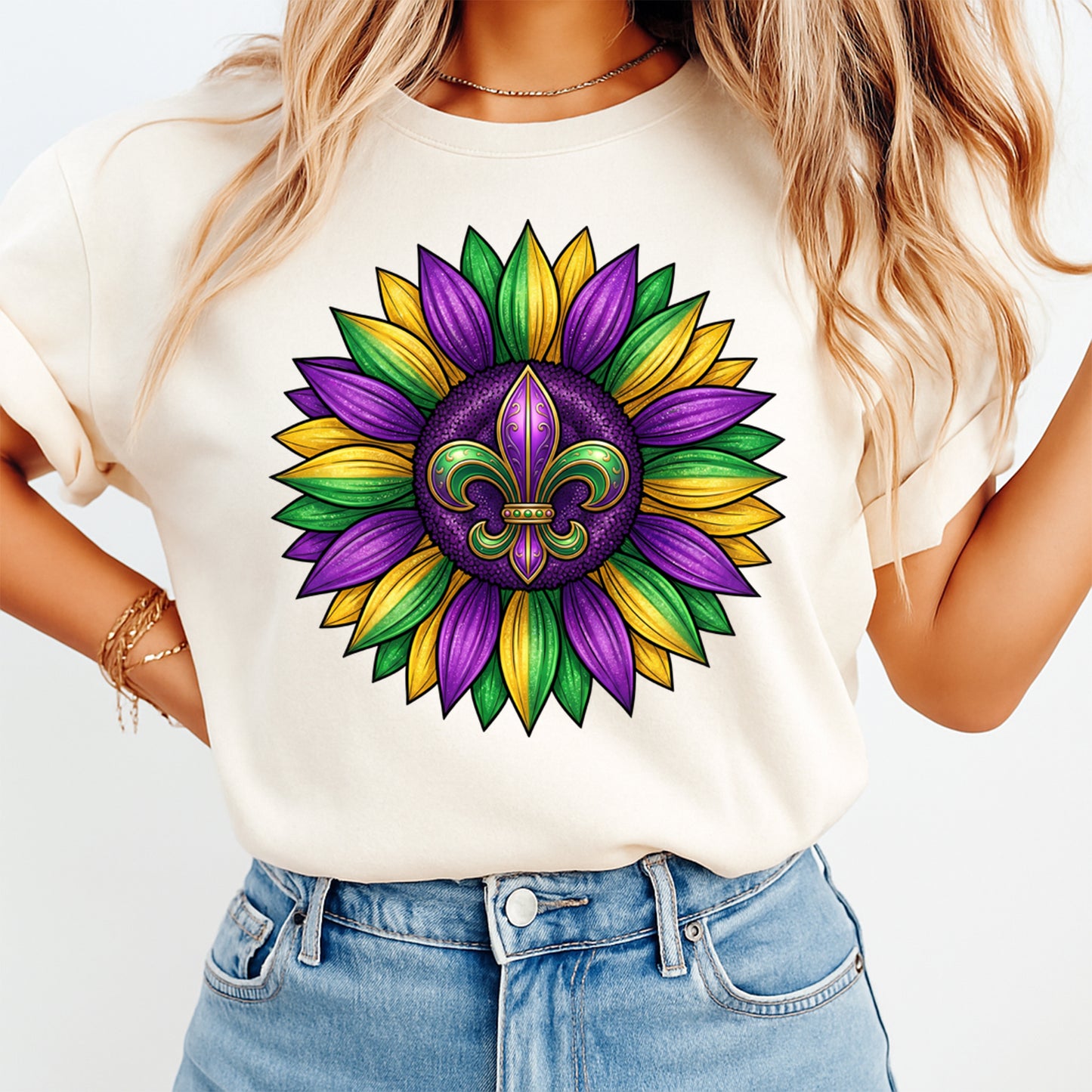 Mardi Gras DTF Transfer – Sunflower Fleur de Lis Purple Gold Green Ready to Press Iron on Heat Transfer DIY Mardi Gras Shirts 12418