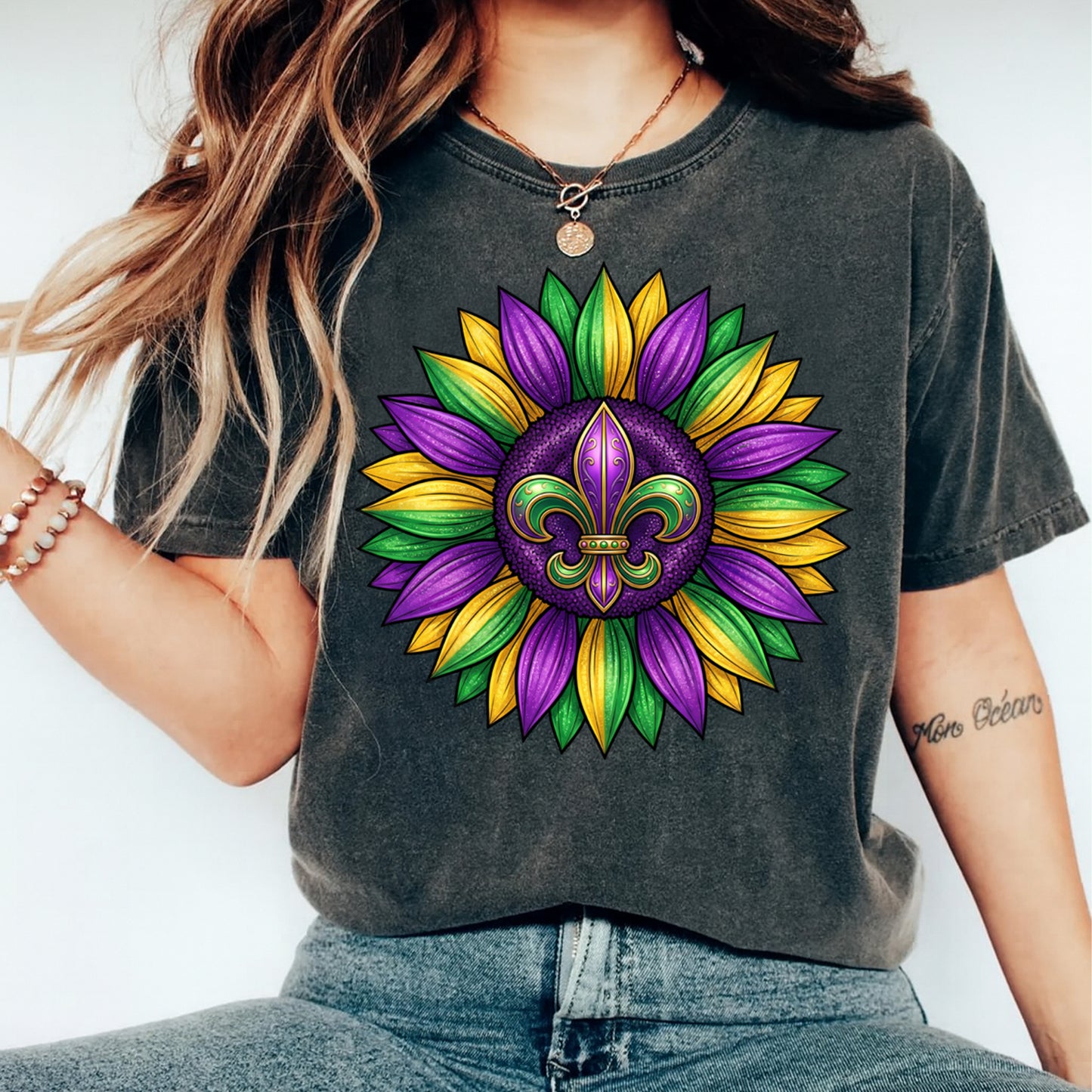Mardi Gras DTF Transfer – Sunflower Fleur de Lis Purple Gold Green Ready to Press Iron on Heat Transfer DIY Mardi Gras Shirts 12418