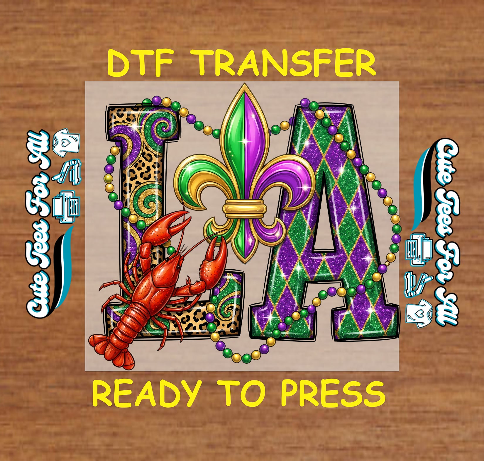 mardi gras la fleur de lis crawfish beads purple gold green ready to press dtf iron on heat transfer