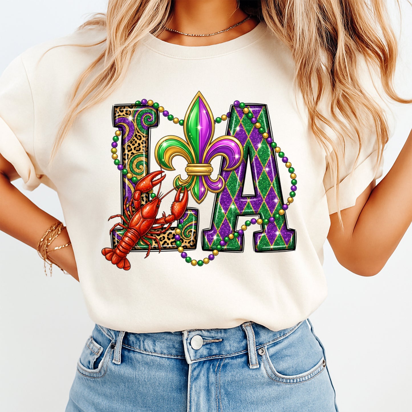 Mardi Gras DTF Transfer – LA Fleur de Lis Crawfish Beads Purple Gold Green Ready to Press Iron on Heat Transfer DIY Mardi Gras Shirts 12419