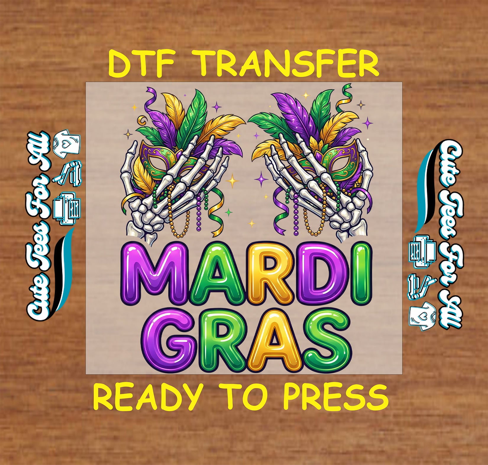 mardi gras skeleton hands mask beads purple gold green ready to press dtf iron on heat transfer