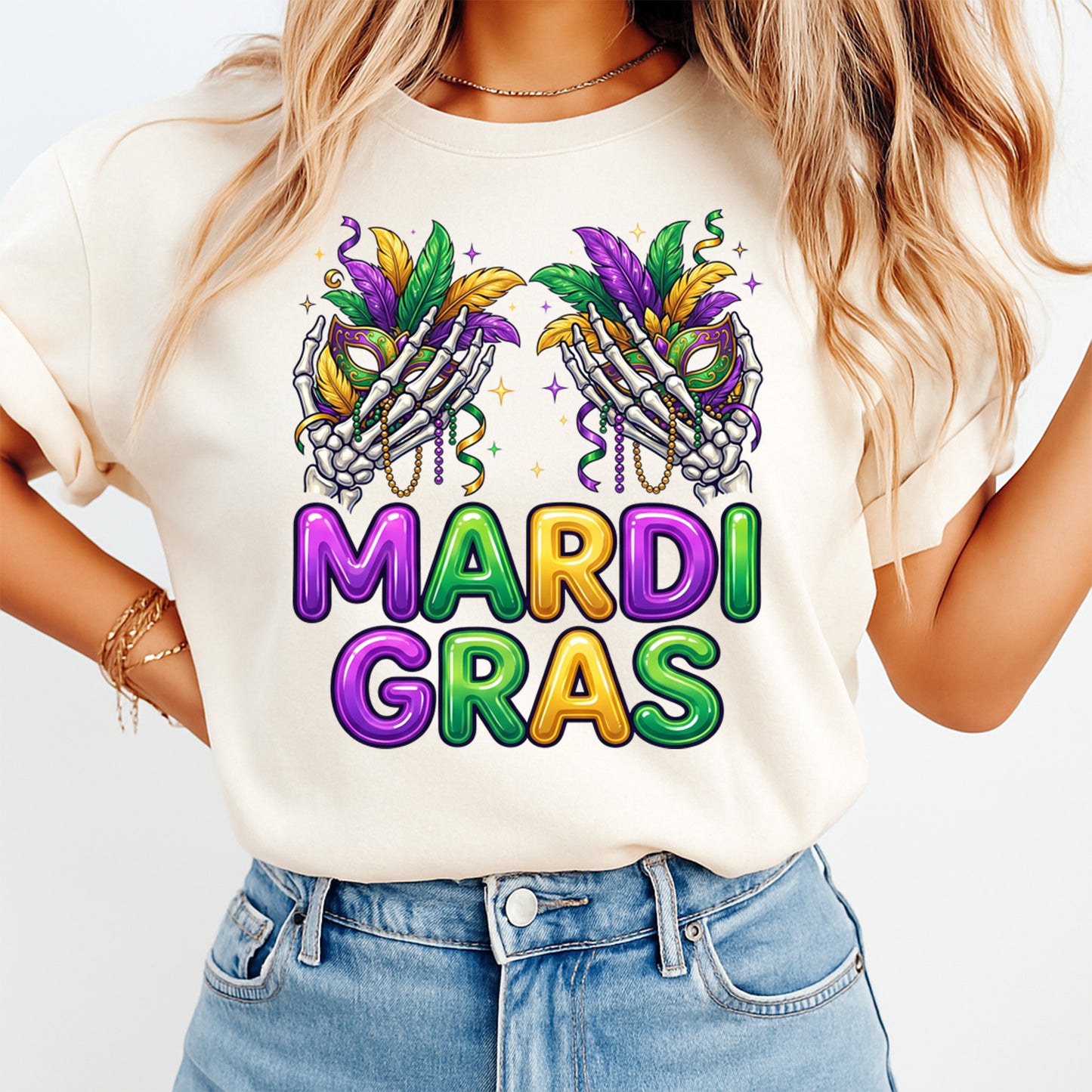 Mardi Gras DTF Transfer – Skeleton Hands Mask Beads Purple Gold Green Ready to Press Iron on Heat Transfer DIY Mardi Gras Shirts 12420