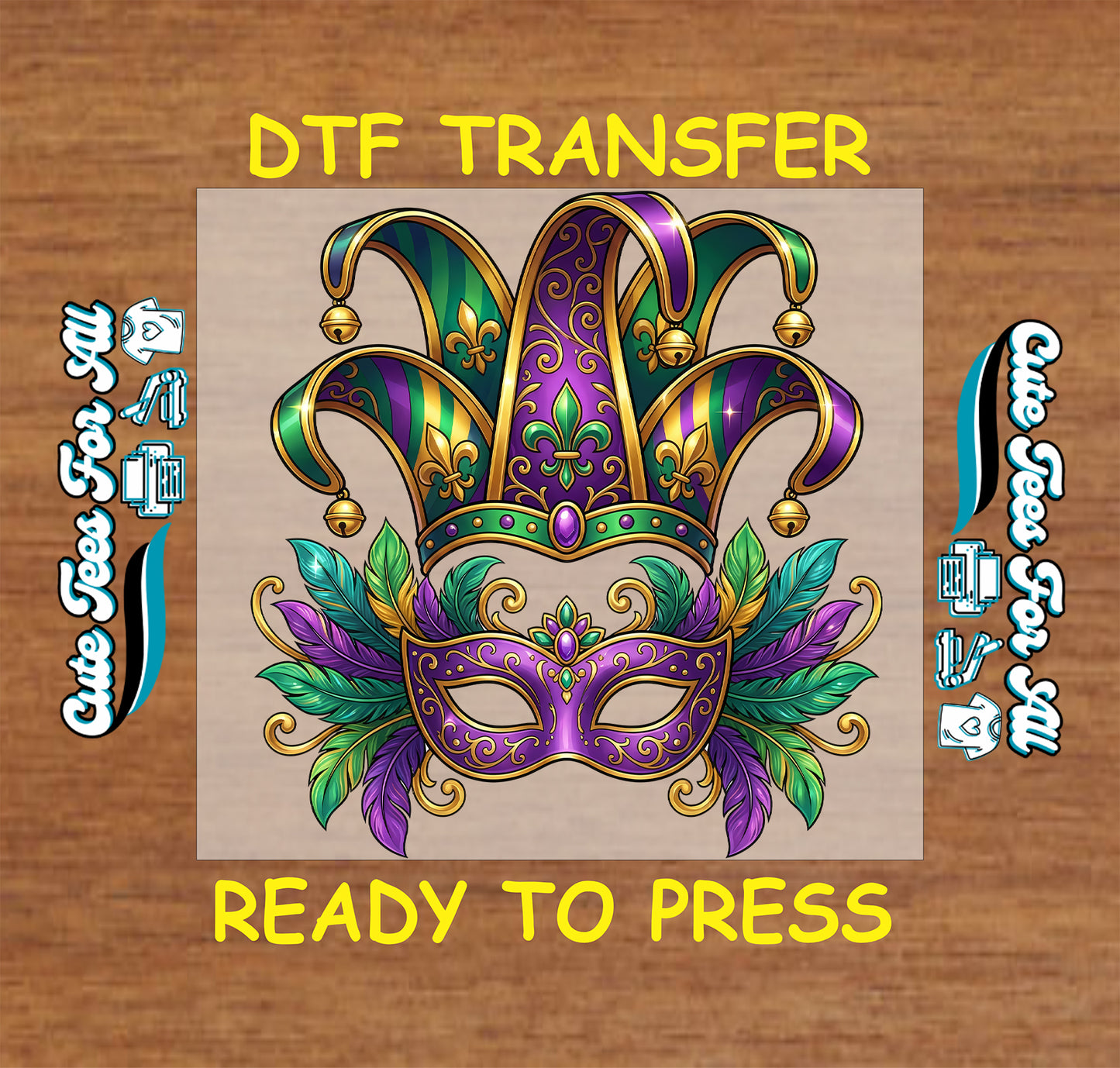 mardi gras jester hat feather mask purple gold green ready to press dtf iron on heat transfer
