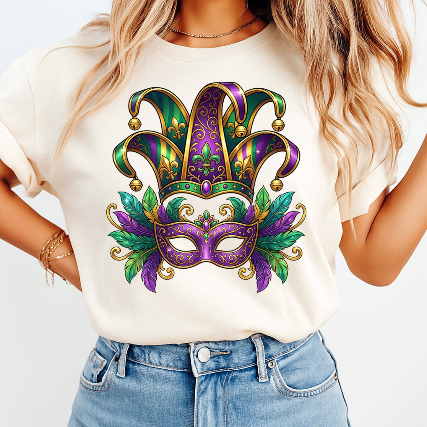 Mardi Gras DTF Transfer – Jester Hat Feathered Mask Purple Gold Green Ready to Press Iron on Heat Transfer DIY Mardi Gras Shirts 12421