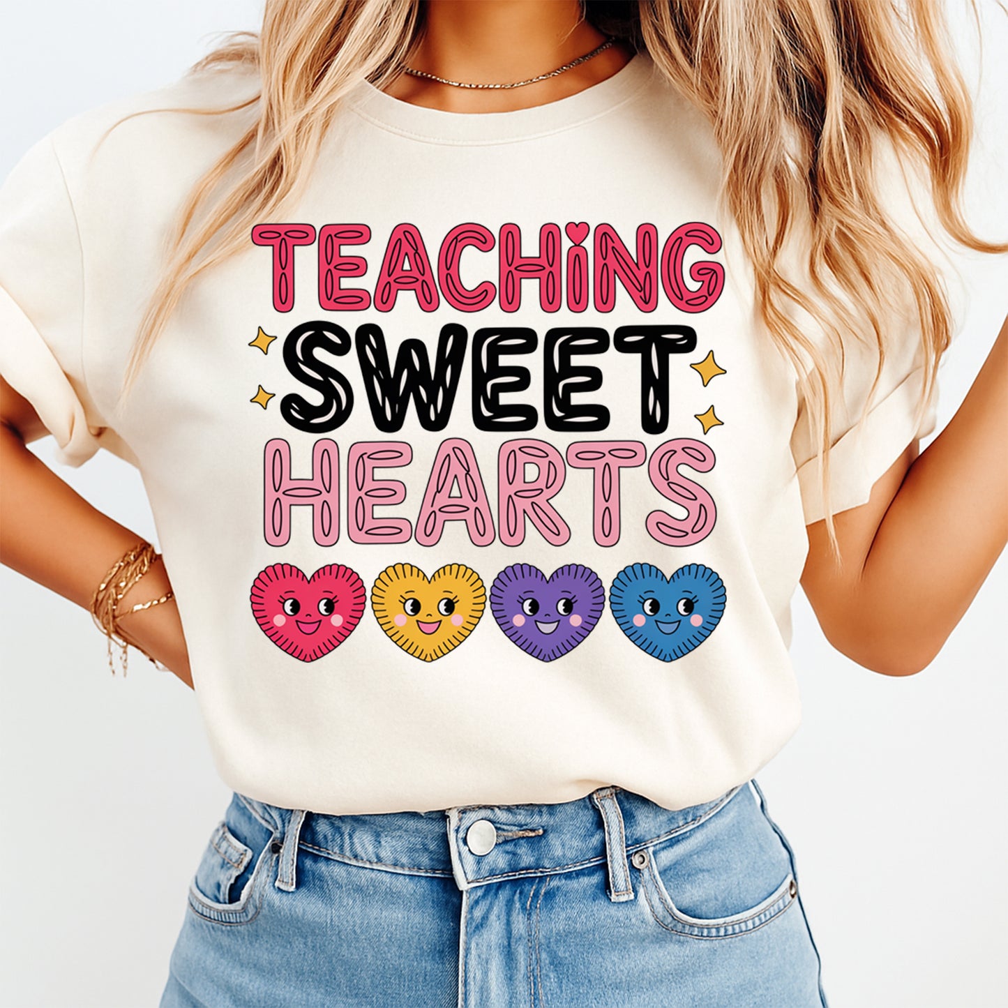 Valentine Teacher DTF Transfer – Teaching Sweet Hearts Colorful Candy Hearts Ready to Press Iron on Heat Transfer DIY Valentine Shirts 12422