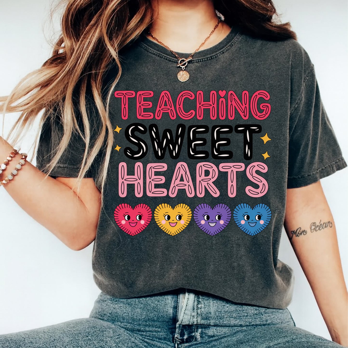 Valentine Teacher DTF Transfer – Teaching Sweet Hearts Colorful Candy Hearts Ready to Press Iron on Heat Transfer DIY Valentine Shirts 12422
