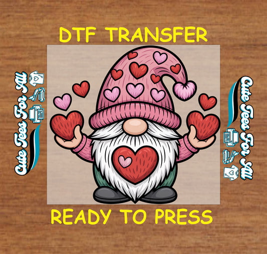 valentine gnome with hearts pink love ready to press dtf iron on heat transfer