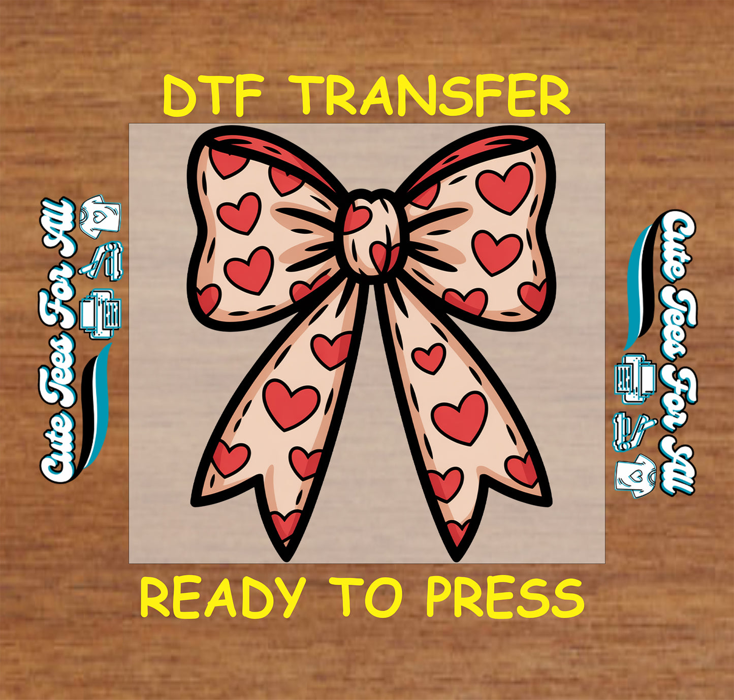 valentine heart bow pink ribbon ready to press dtf iron on heat transfer