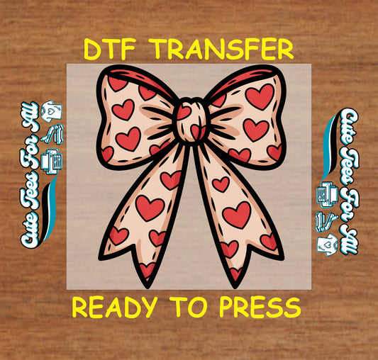 valentine heart bow pink ribbon ready to press dtf iron on heat transfer