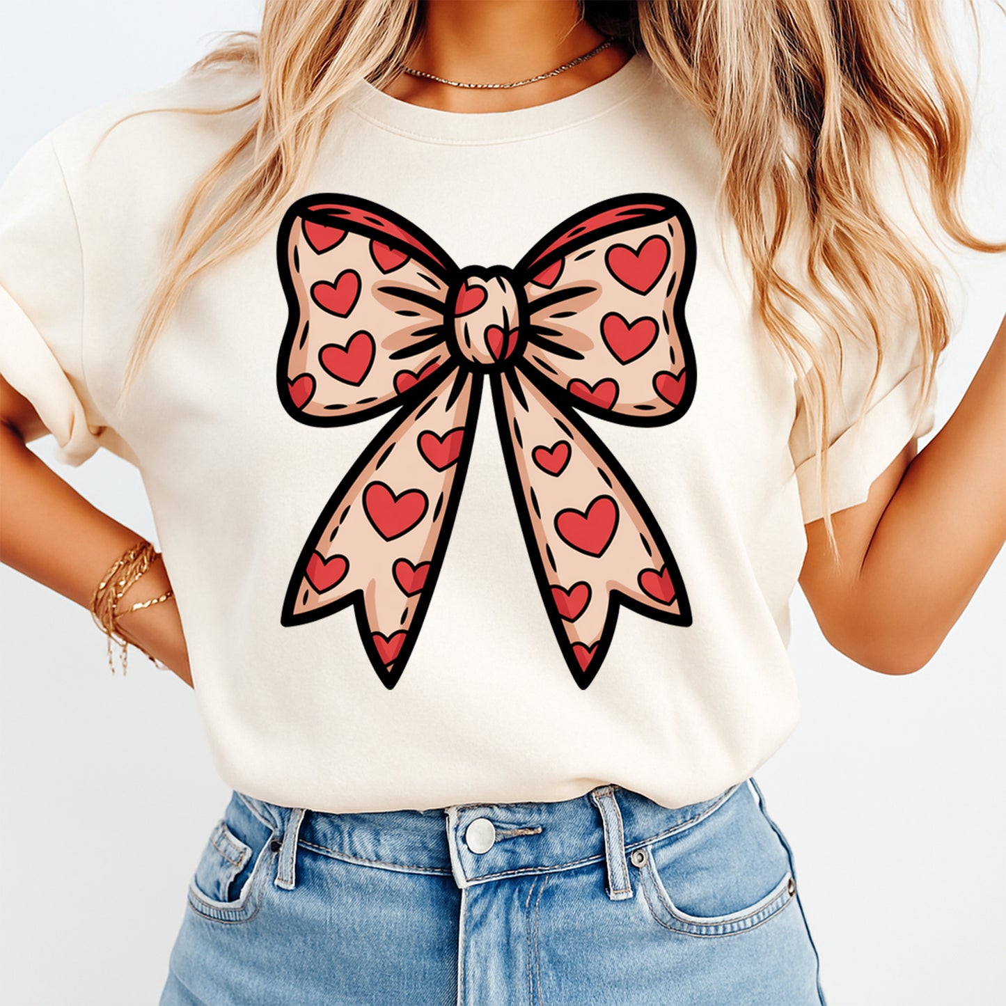 Valentine DTF Transfer – Pink Heart Bow Ribbon Love Hearts Ready to Press Iron on Heat Transfer DIY Valentine Shirts 12424