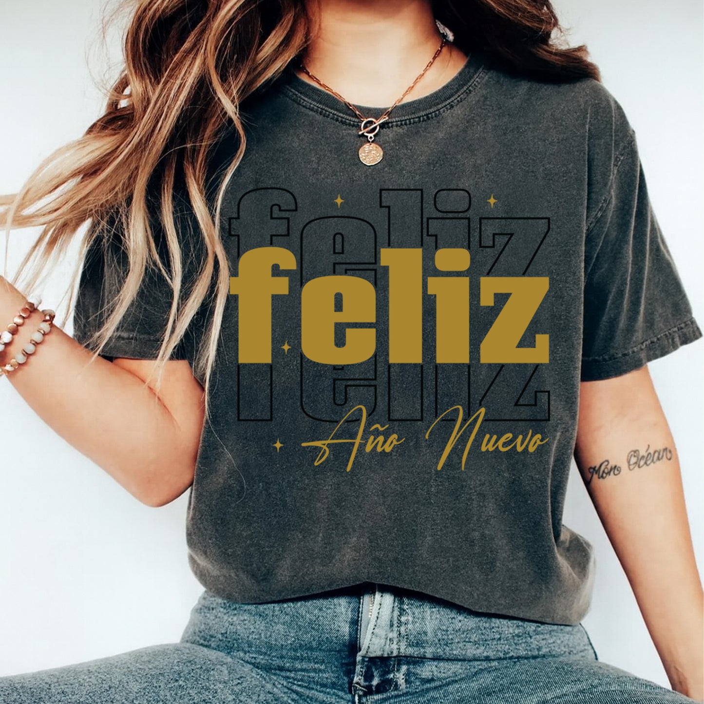 New Year DTF Transfer – Feliz Año Nuevo Gold Typography Ready to Press Iron On Heat Transfer for DIY New Year Shirts 12425