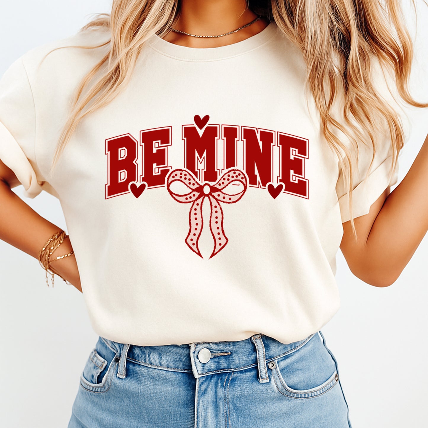 Valentine DTF Transfer – Be Mine Heart Bow Graphic Ready to Press Iron On Heat Transfer for DIY Valentine Shirts 12427