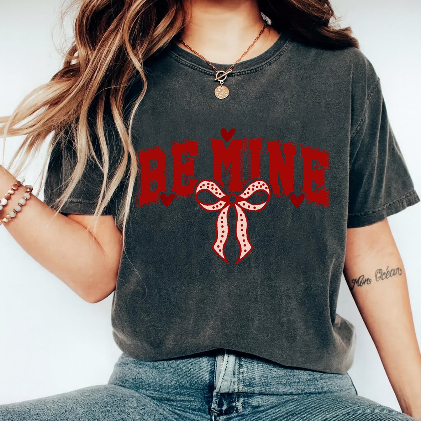 Valentine DTF Transfer – Be Mine Heart Bow Graphic Ready to Press Iron On Heat Transfer for DIY Valentine Shirts 12427