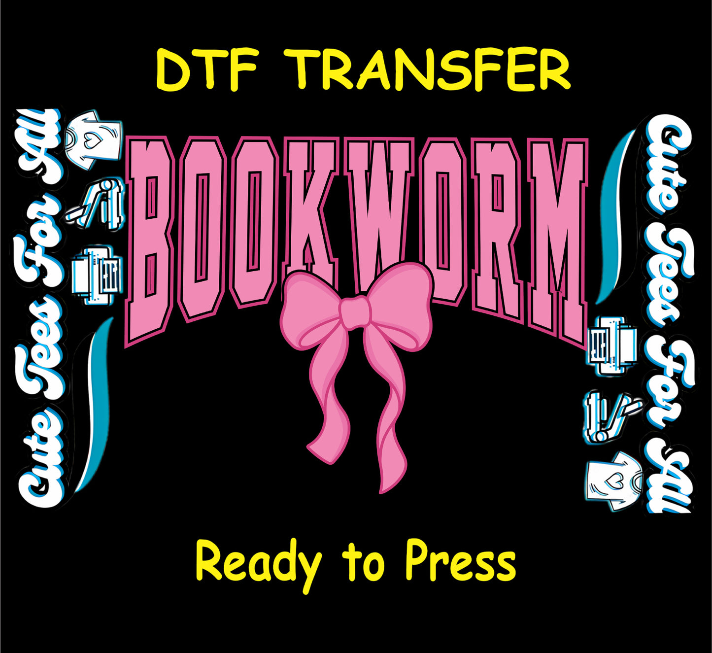 bookworm pink bow book lover ready to press dtf iron on heat transfer