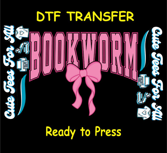 bookworm pink bow book lover ready to press dtf iron on heat transfer
